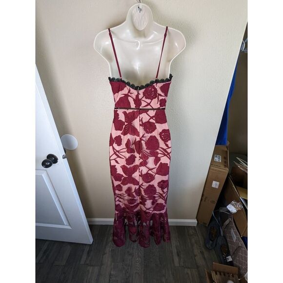 Lulus Alluring Dream Burgundy Floral Mesh Lace Trumpet Midi Dress Size XS - Picture 10 of 15